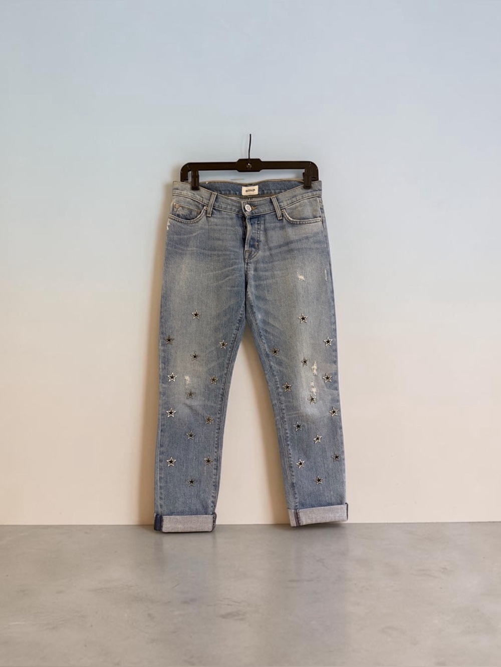 Hudson Jeans Light Blue Star-Embroidered Boyfriend Jeans, Size 24